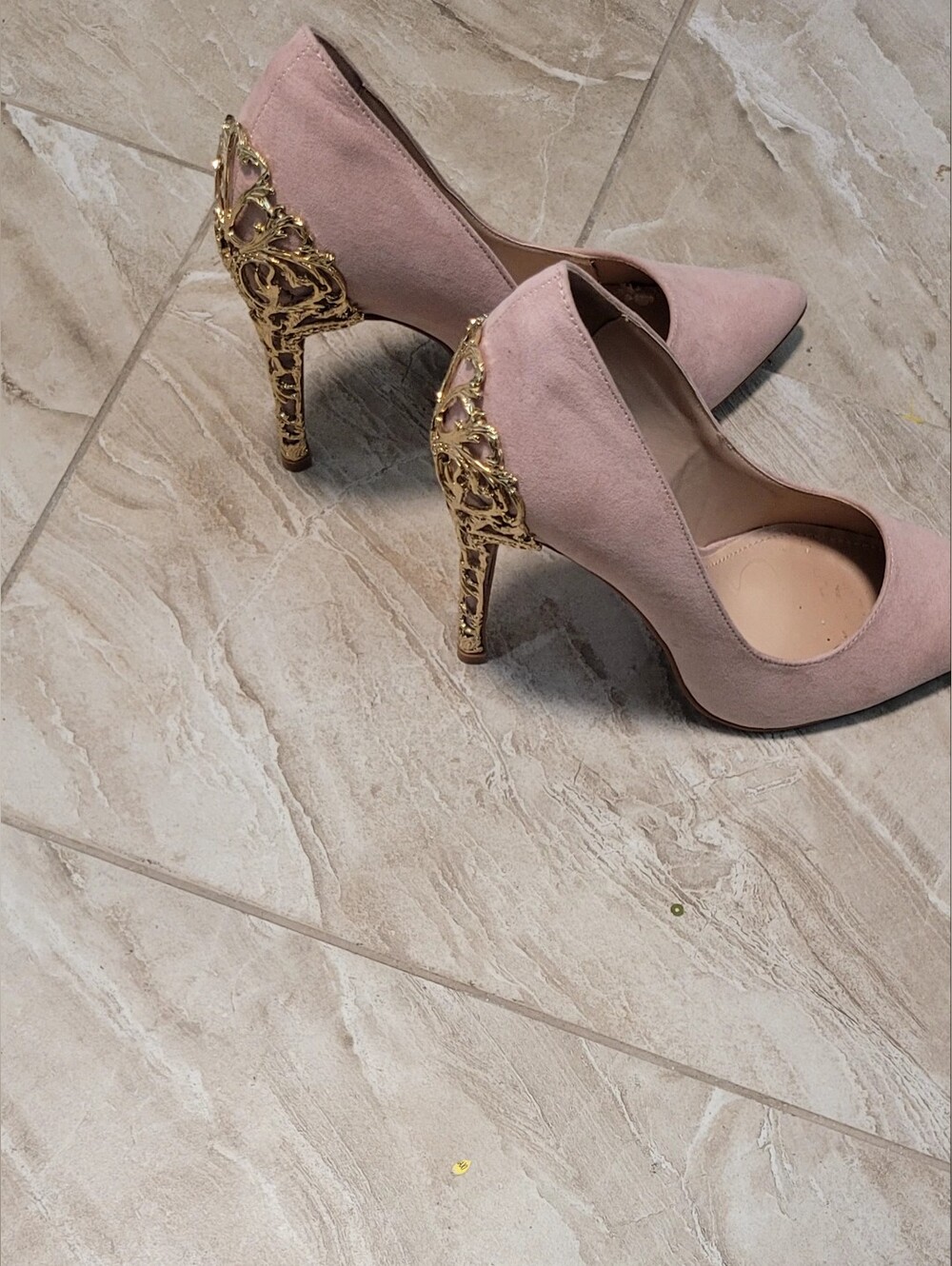 Shoe Dazzle Dusty Pink Suede Pumps with Ornate Gold Heel